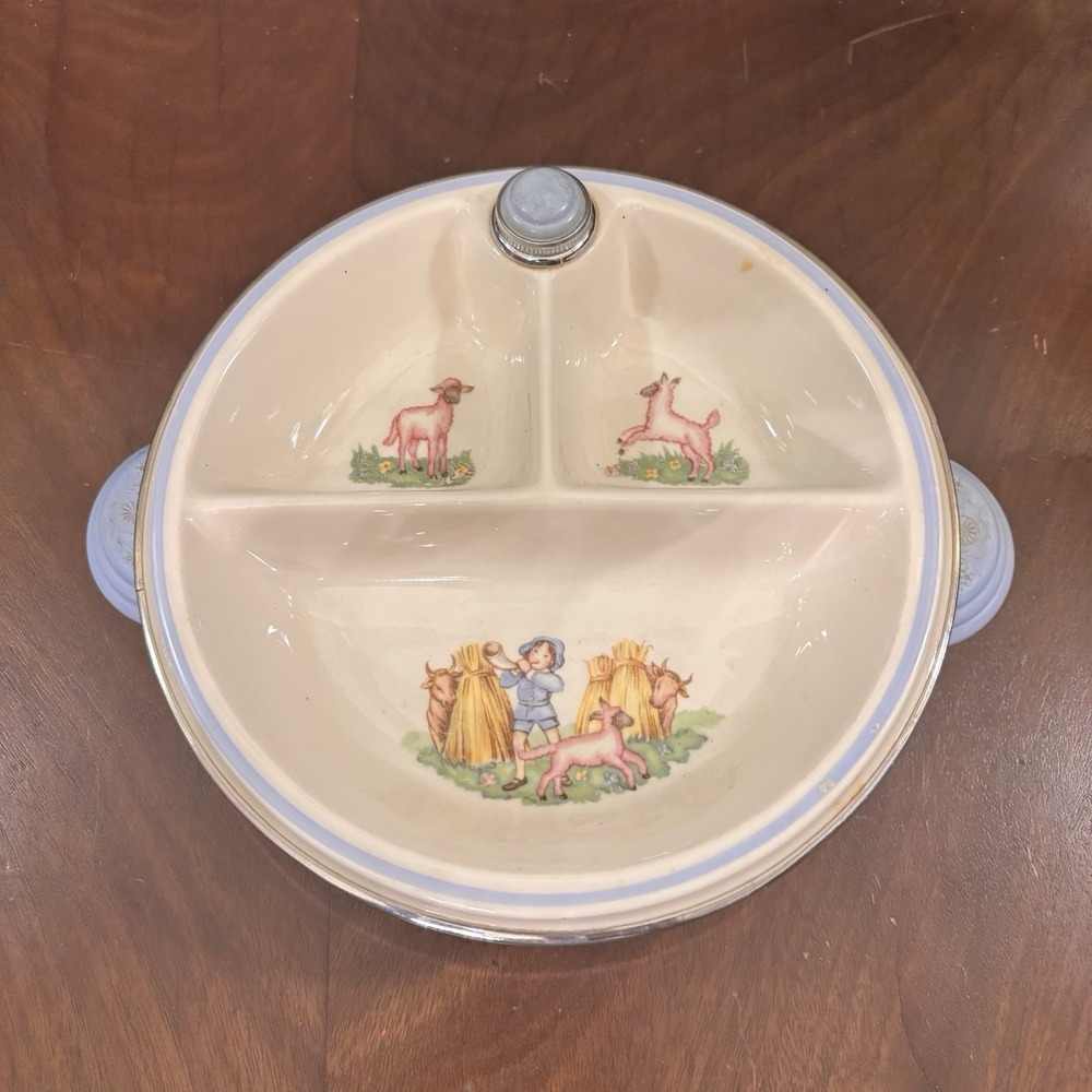 Vintage Bartsch Baby Warming Dish Little Boy Blue Divided Bowl Pink Lambs Chrome